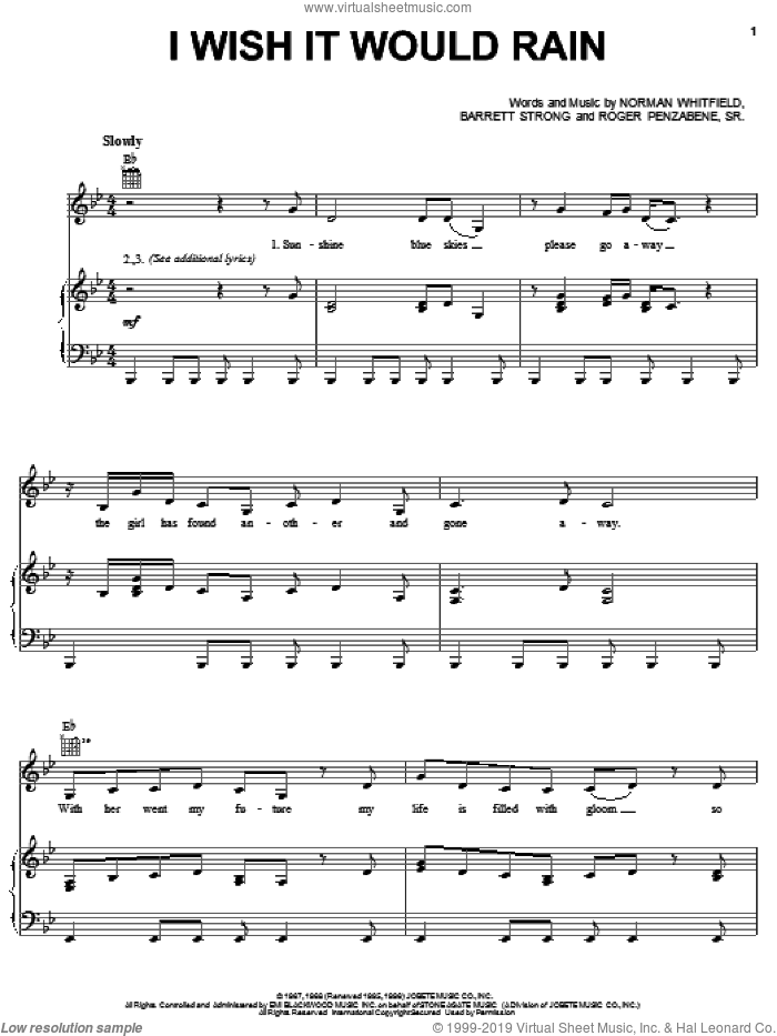 I Wish It Would Rain sheet music for voice, piano or guitar by The Temptations, Barrett Strong, Norman Whitfield and Roger Penzabene, Sr., intermediate skill level