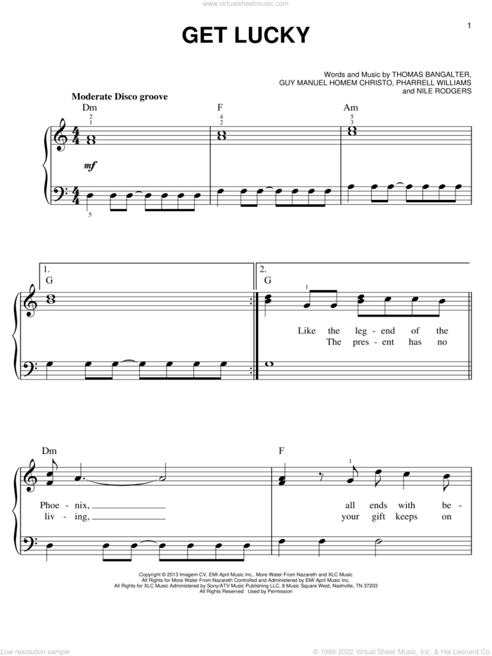 Get Lucky, (beginner) sheet music for piano solo by Daft Punk Featuring Pharrell Williams, Guy Manuel Homem Christo, Nile Rodgers, Pharrell Williams and Thomas Bangalter, beginner skill level