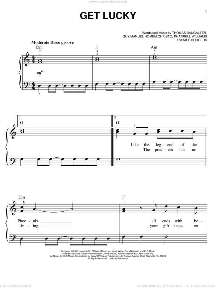 Get Lucky, (beginner) sheet music for piano solo by Daft Punk Featuring Pharrell Williams, Guy Manuel Homem Christo, Nile Rodgers, Pharrell Williams and Thomas Bangalter, beginner skill level