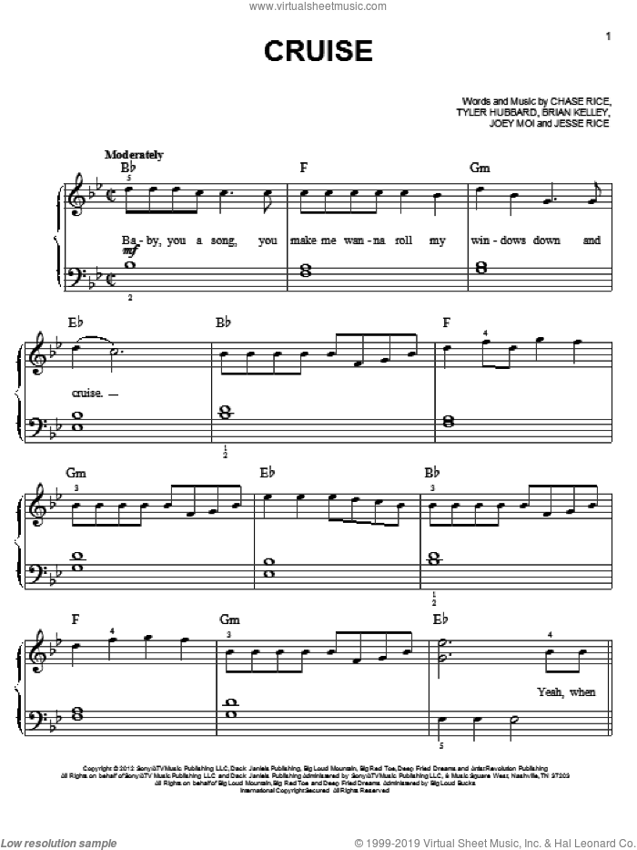 Cruise sheet music for piano solo by Florida Georgia Line, Brian Kelley, Chase Rice, Jesse Rice, Joey Moi and Tyler Hubbard, beginner skill level
