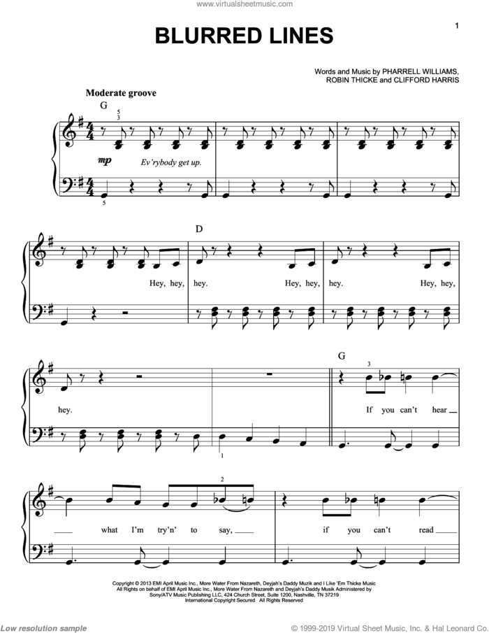Blurred Lines sheet music for piano solo by Robin Thicke and Pharrell Williams, beginner skill level