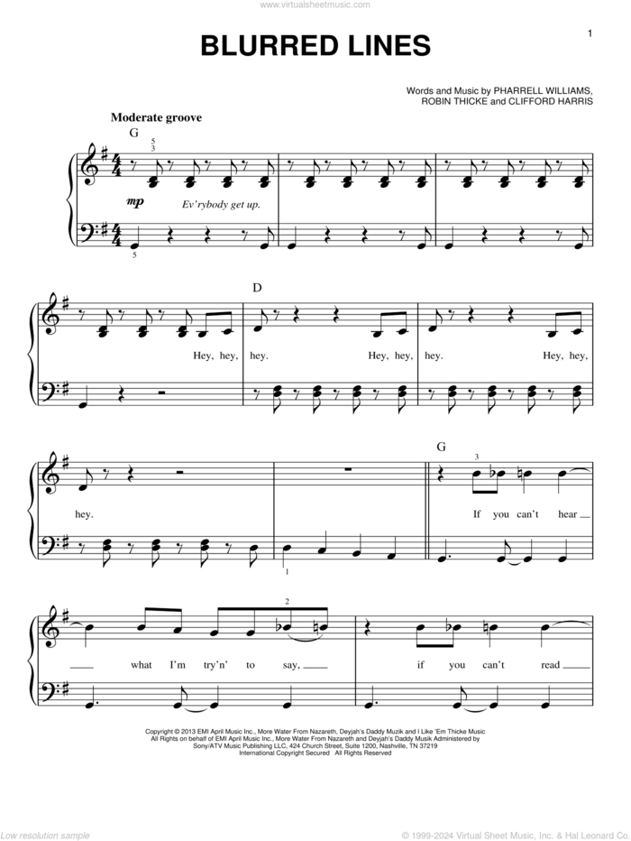 Blurred Lines, (beginner) sheet music for piano solo by Robin Thicke and Pharrell Williams, beginner skill level