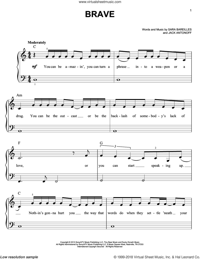 Brave, (easy) sheet music for piano solo by Sara Bareilles and Jack Antonoff, easy skill level
