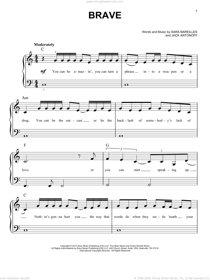 Brave, (easy) sheet music for piano solo by Sara Bareilles and Jack Antonoff, easy skill level