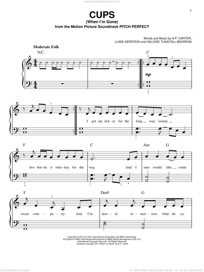 Cups (When I'm Gone) sheet music for piano solo by Anna Kendrick, A.P. Carter, Heloise Tunstall-Behrens and Luisa Gerstein, beginner skill level