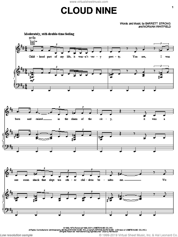 Cloud Nine sheet music for voice, piano or guitar by The Temptations, Barrett Strong and Norman Whitfield, intermediate skill level
