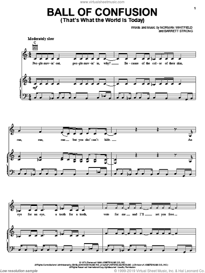 Ball Of Confusion (That's What The World Is Today) sheet music for voice, piano or guitar by The Temptations, Barrett Strong and Norman Whitfield, intermediate skill level