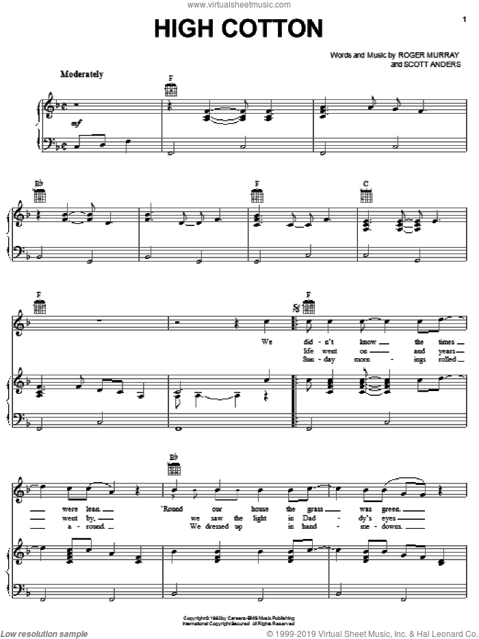 High Cotton sheet music for voice, piano or guitar by Alabama, Roger Murray and Scott Anders, intermediate skill level