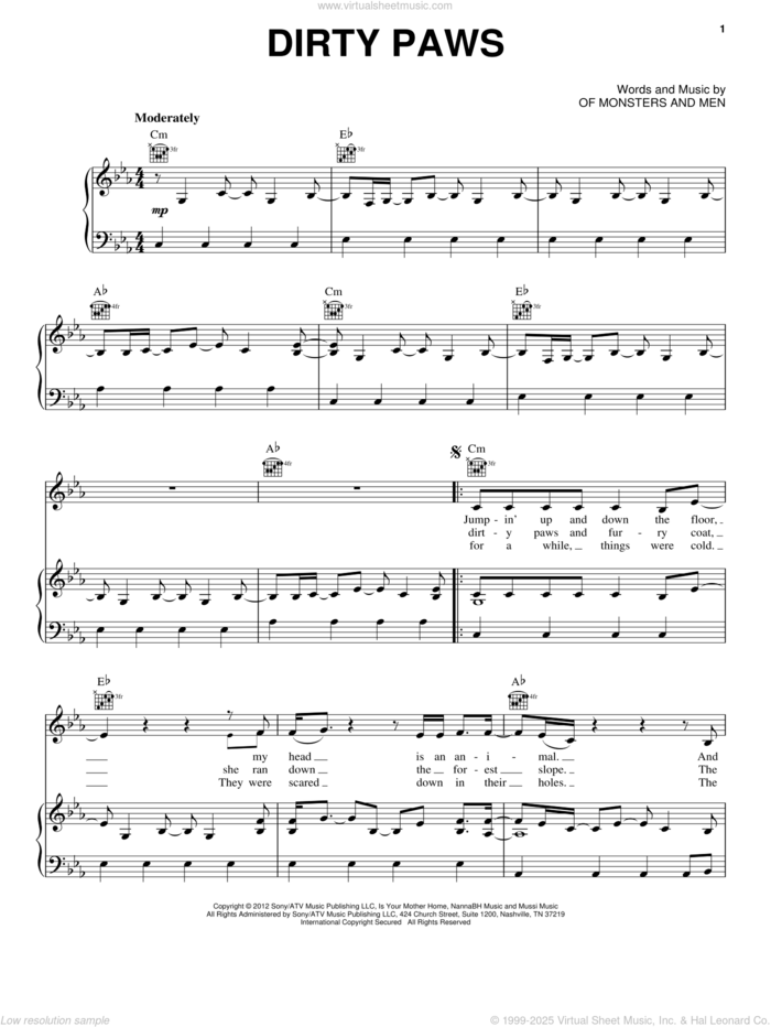 Dirty Paws sheet music for voice, piano or guitar by Of Monsters And Men, intermediate skill level