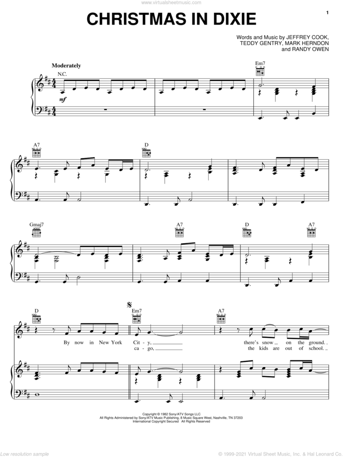 Christmas In Dixie sheet music for voice, piano or guitar by Alabama, Jeffrey Cook, Mark Herndon, Randy Owen and Teddy Gentry, intermediate skill level