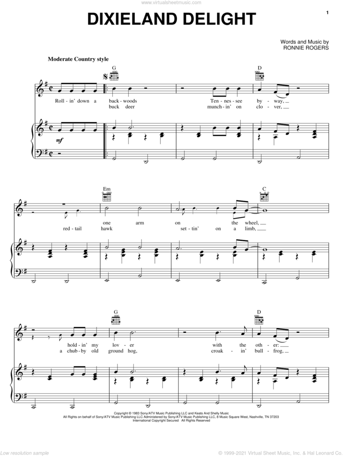 Dixieland Delight sheet music for voice, piano or guitar by Alabama and Ronnie Rogers, intermediate skill level