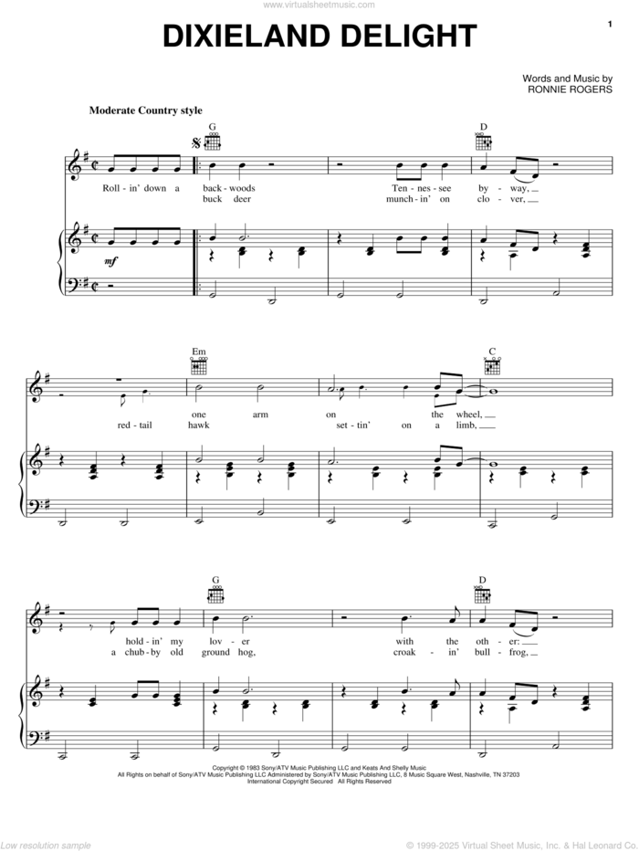 Dixieland Delight sheet music for voice, piano or guitar by Alabama and Ronnie Rogers, intermediate skill level