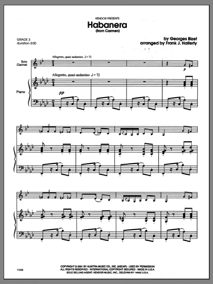 Habanera (from Carmen) (complete set of parts) sheet music for clarinet and piano by Frank J. Halferty and Georges Bizet, classical score, intermediate skill level