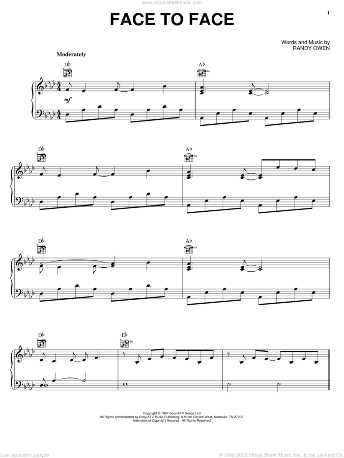 Face To Face sheet music for voice, piano or guitar by Alabama and Randy Owen, intermediate skill level