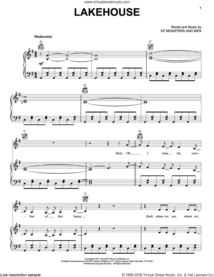 Lakehouse sheet music for voice, piano or guitar by Of Monsters And Men, intermediate skill level
