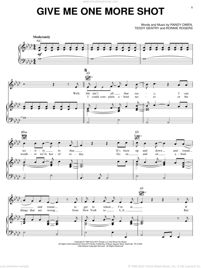 Give Me One More Shot sheet music for voice, piano or guitar by Alabama, Randy Owen, Ronnie Rogers and Teddy Gentry, intermediate skill level