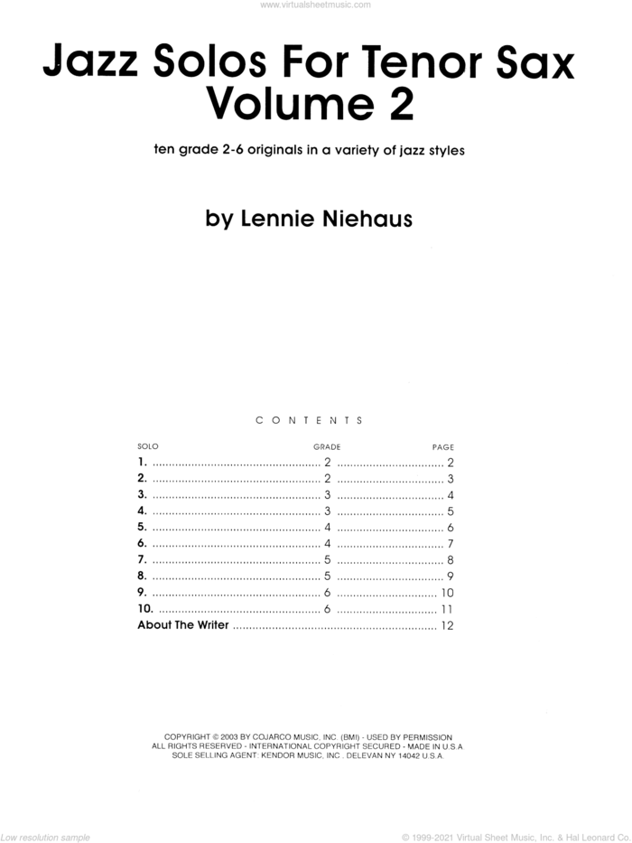 Jazz Solos For Tenor Sax, Volume 2 sheet music for tenor saxophone solo by Lennie Niehaus, classical score, intermediate skill level