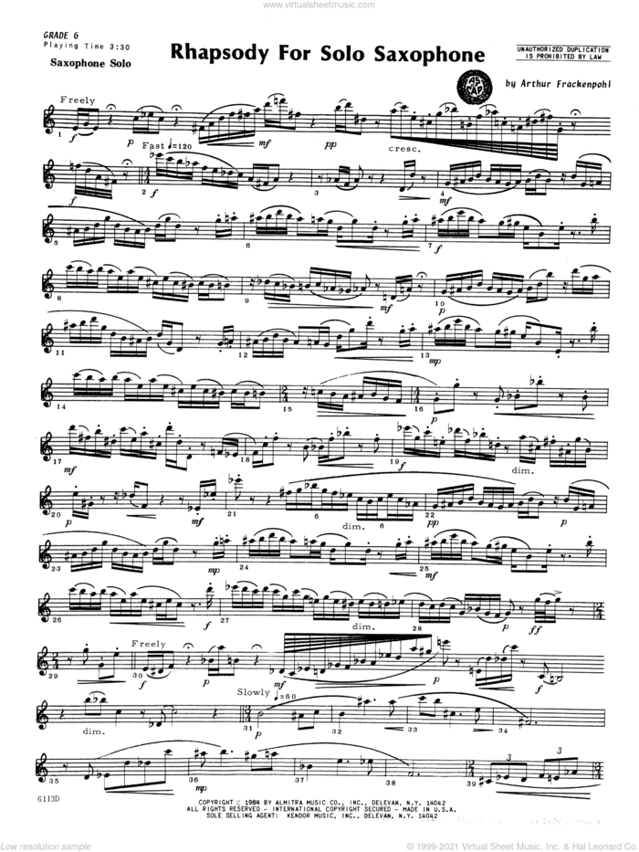 Rhapsody For Solo Saxophone sheet music for saxophone solo by Arthur Frackenpohl, classical score, intermediate skill level