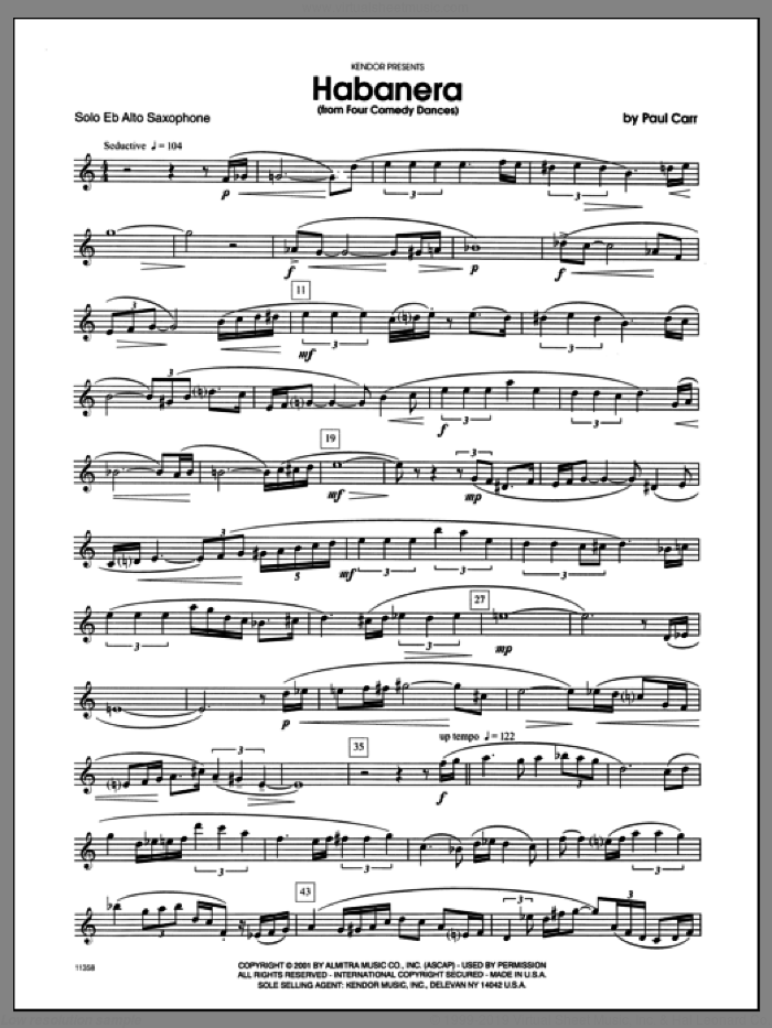 Habanera (from 'Four Comedy Dances') (complete set of parts) sheet music for alto saxophone and piano by Carr, classical score, intermediate skill level