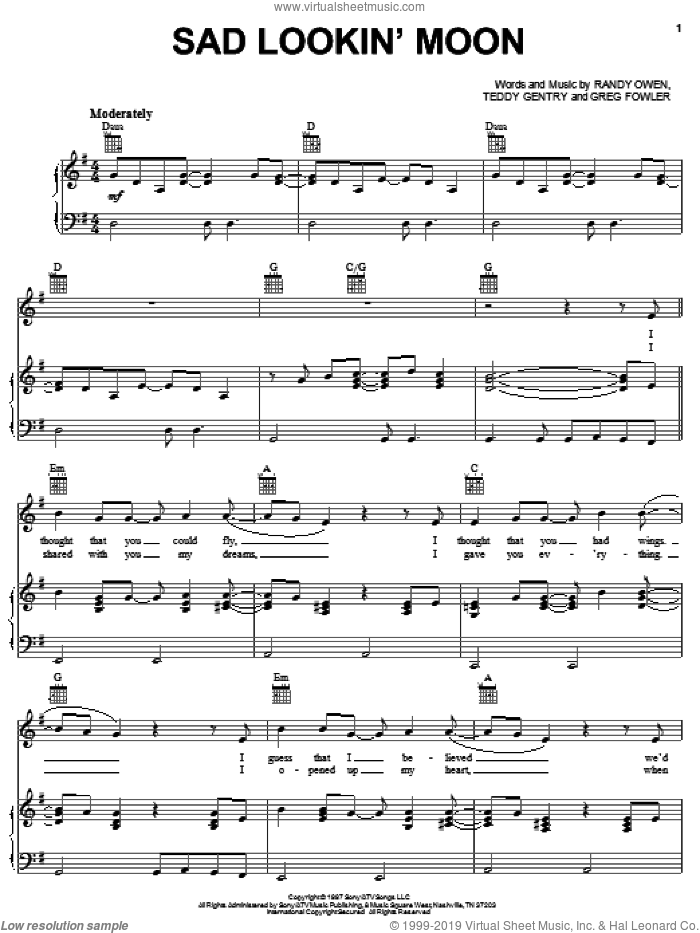 Sad Lookin' Moon sheet music for voice, piano or guitar by Alabama, Greg Fowler, Randy Owen and Teddy Gentry, intermediate skill level