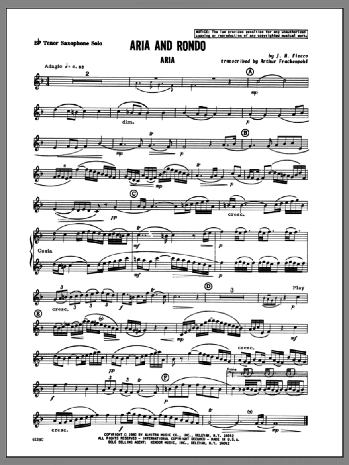 Aria And Rondo (complete set of parts) sheet music for tenor saxophone and piano by Joseph Hector Fiocco and Arthur Frackenpohl, classical score, intermediate skill level