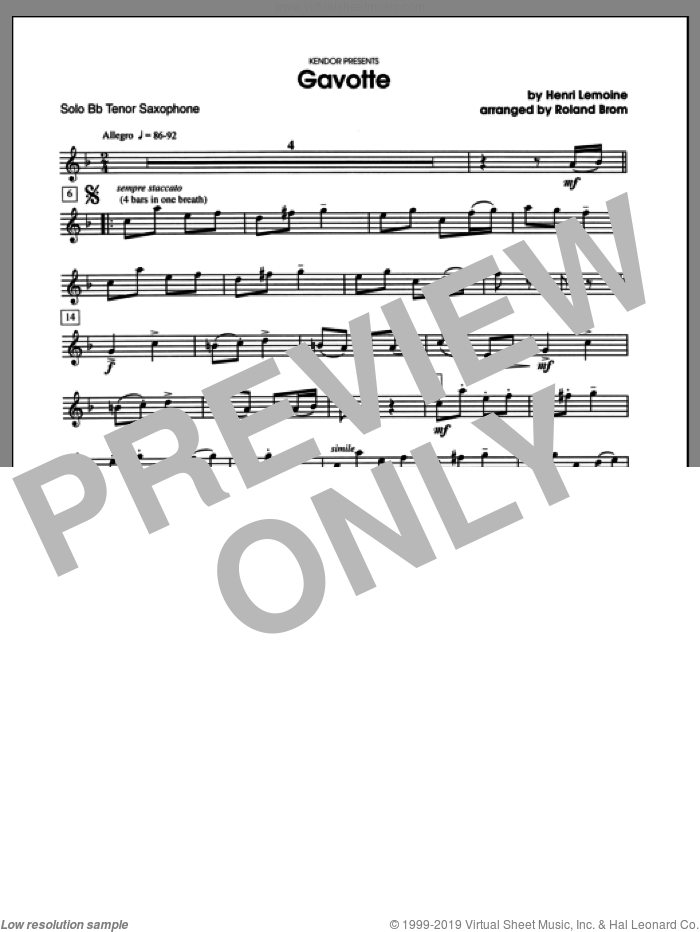 Gavotte (complete set of parts) sheet music for tenor saxophone and piano by Brom and Lemoine, classical score, intermediate skill level
