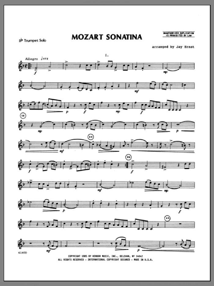 Mozart Sonatina (complete set of parts) sheet music for trumpet and piano by Wolfgang Amadeus Mozart and Ernst, Heinrich Wilhelm, classical score, intermediate skill level