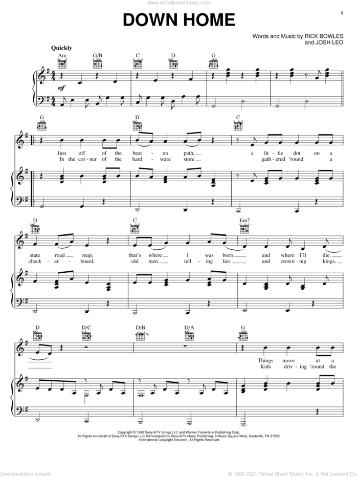Down Home sheet music for voice, piano or guitar by Alabama, Josh Leo and Rick Bowles, intermediate skill level