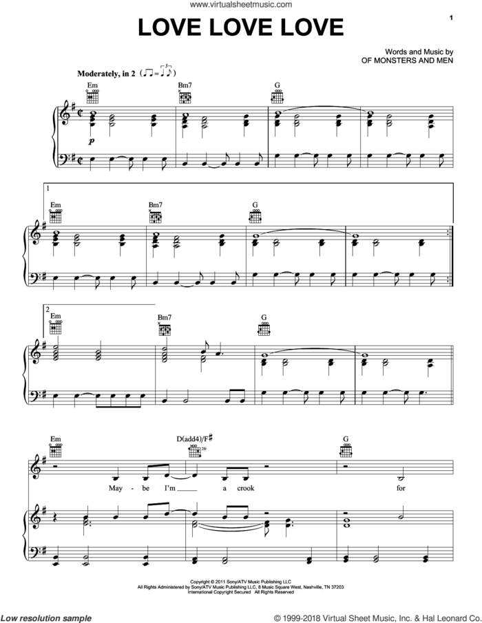 Love Love Love sheet music for voice, piano or guitar by Of Monsters And Men, intermediate skill level