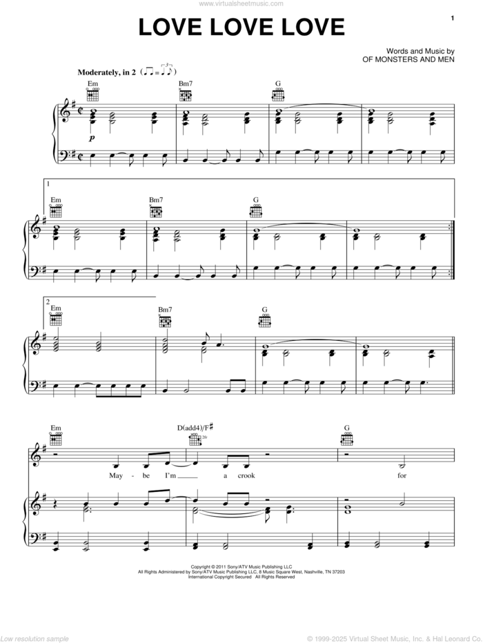 Love Love Love sheet music for voice, piano or guitar by Of Monsters And Men, intermediate skill level