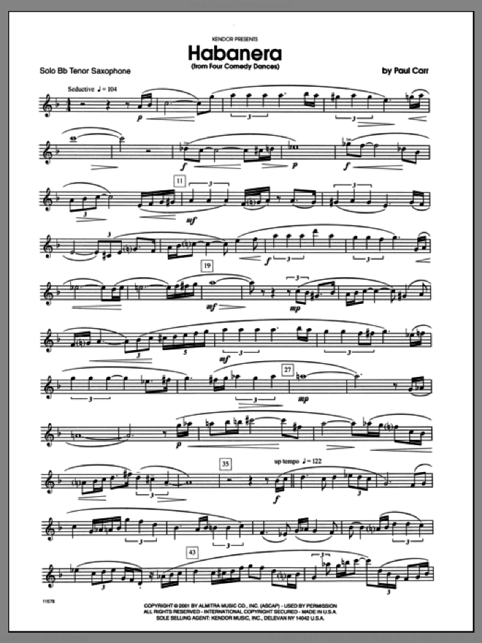 Habanera (from 'Four Comedy Dances') (complete set of parts) sheet music for tenor saxophone and piano by Carr, classical score, intermediate skill level
