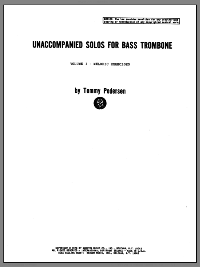Unaccompanied Solos For Bass Trombone, Volume 1 sheet music for bass trombone by Pederson, classical score, intermediate skill level