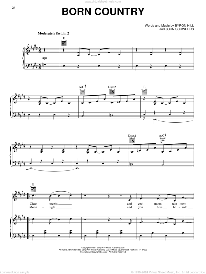Born Country sheet music for voice, piano or guitar by Alabama, Byron Hill and John Schweers, intermediate skill level