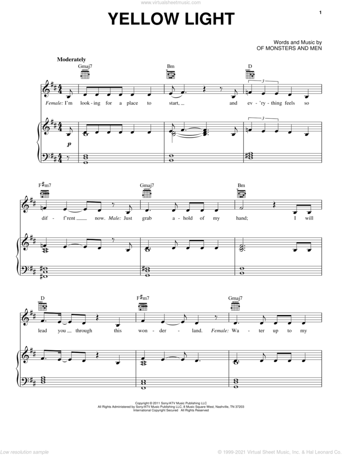 Yellow Light sheet music for voice, piano or guitar by Of Monsters And Men, intermediate skill level