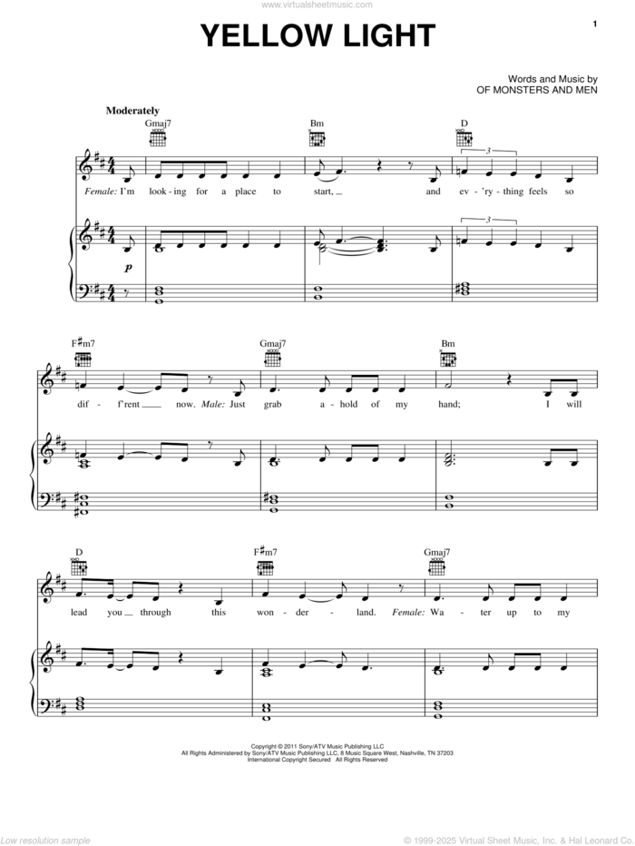 Yellow Light sheet music for voice, piano or guitar by Of Monsters And Men, intermediate skill level