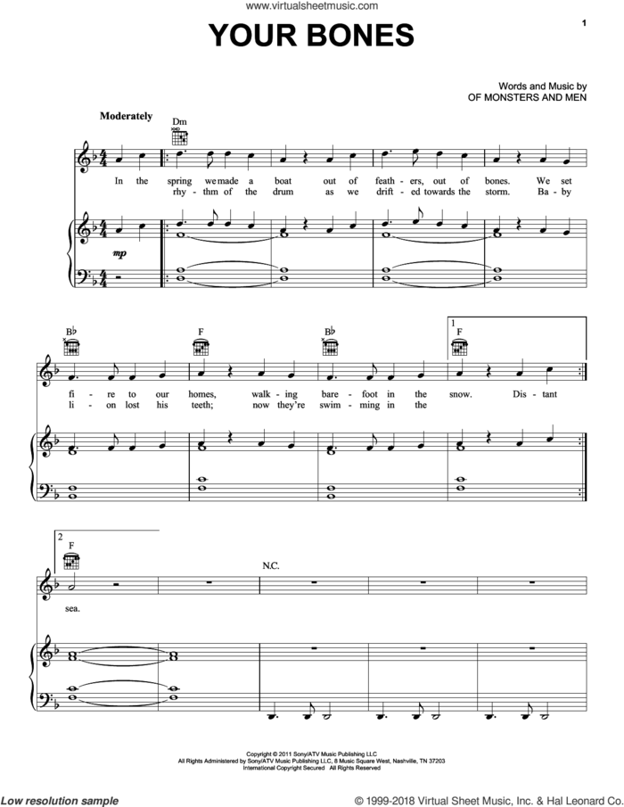 Your Bones sheet music for voice, piano or guitar by Of Monsters And Men, intermediate skill level