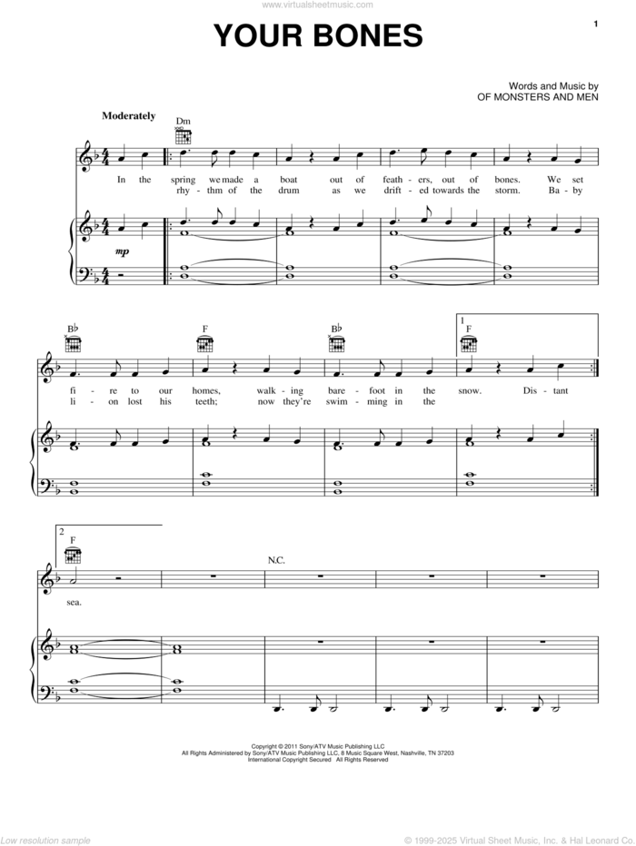 Your Bones sheet music for voice, piano or guitar by Of Monsters And Men, intermediate skill level