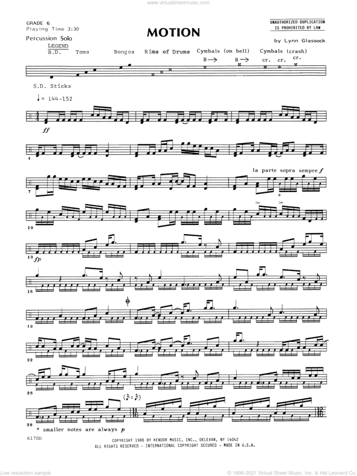 Motion sheet music for percussions by Lynn Glassock, classical score, intermediate skill level
