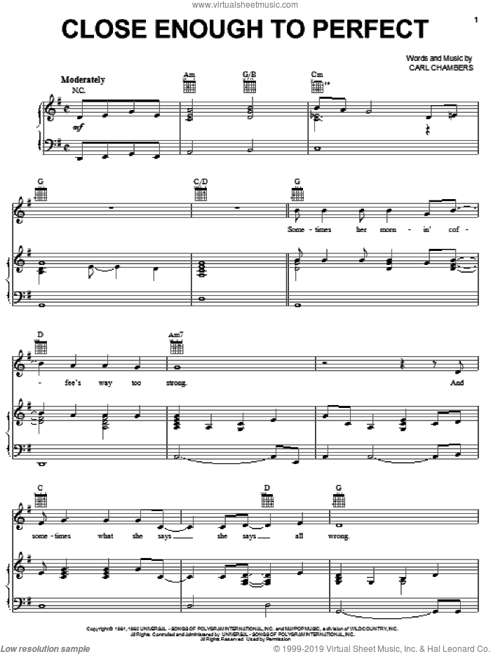 Close Enough To Perfect sheet music for voice, piano or guitar by Alabama and Carl Chambers, intermediate skill level
