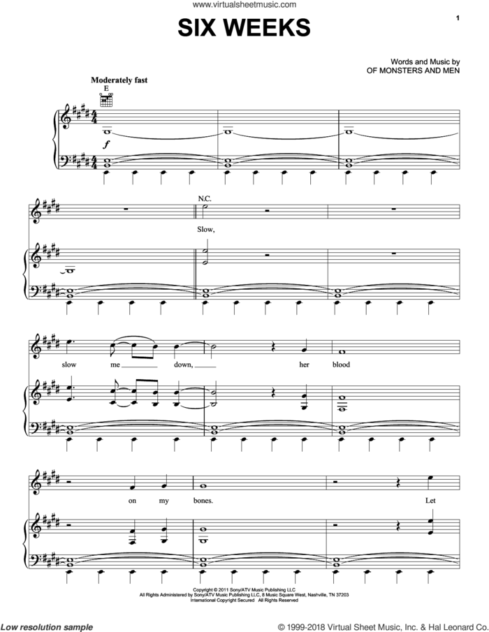 Six Weeks sheet music for voice, piano or guitar by Of Monsters And Men, intermediate skill level