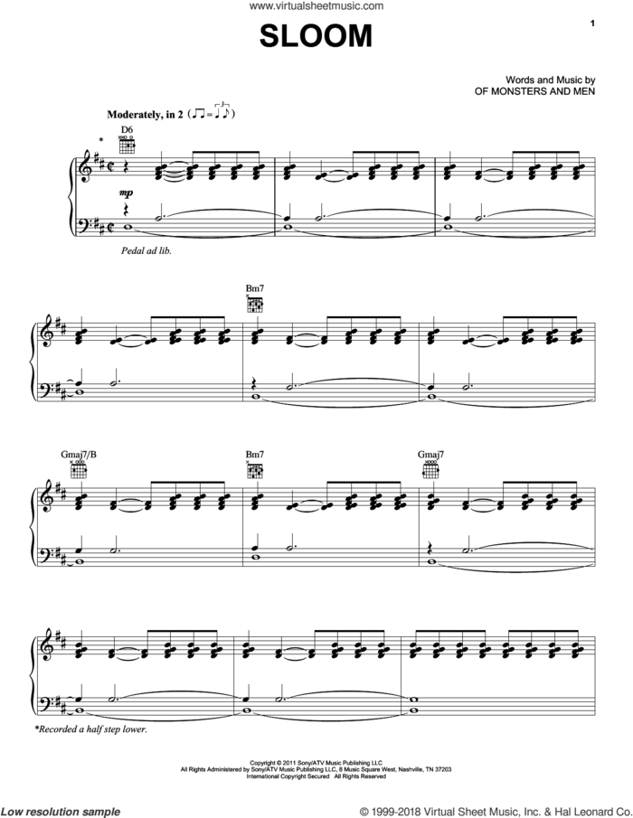 Sloom sheet music for voice, piano or guitar by Of Monsters And Men, intermediate skill level