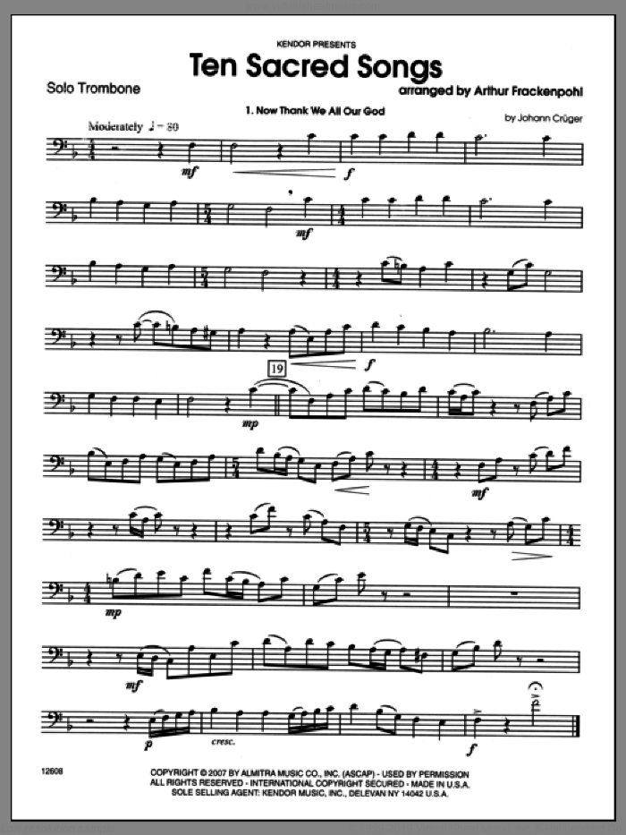 Ten Sacred Songs (complete set of parts) sheet music for trombone and piano by Arthur Frackenpohl, classical score, intermediate skill level