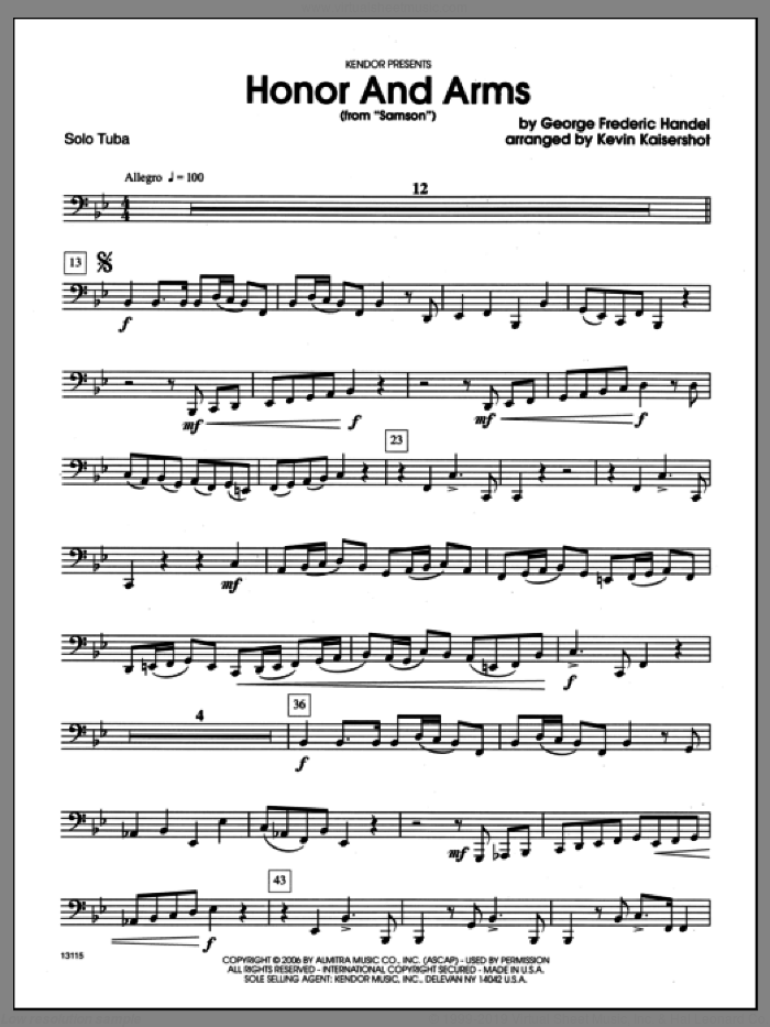 Honor And Arms (from Samson) (complete set of parts) sheet music for tuba and piano by George Frideric Handel and Kevin Kaisershot, classical score, intermediate skill level