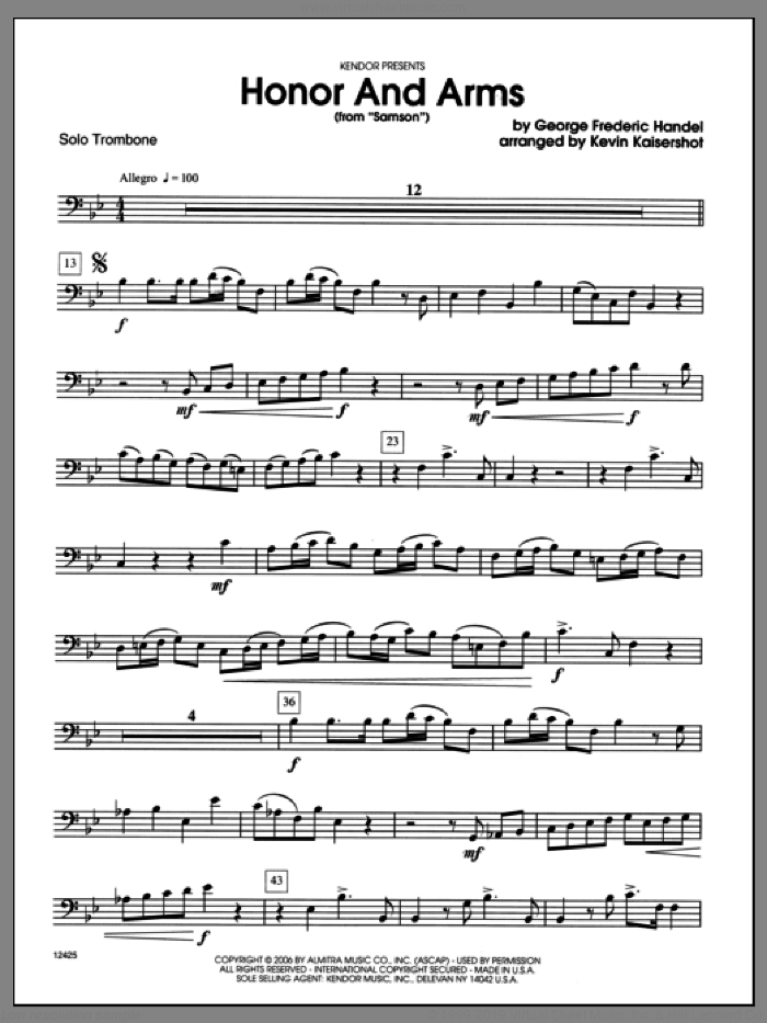 Honor And Arms (from Samson) (complete set of parts) sheet music for trombone and piano by Kevin Kaisershot and George Frideric Handel, classical score, intermediate skill level