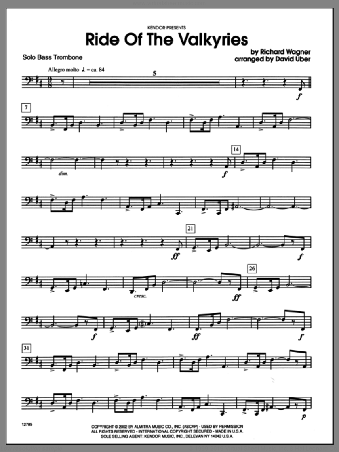Ride Of The Valkyries From Die Walkure (complete set of parts) sheet music for trombone and piano by Richard Wagner and Uber, classical score, intermediate skill level