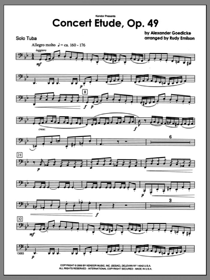 Concert Etude, Op. 49 (complete set of parts) sheet music for tuba and piano by Emilson and Goedicke, classical score, intermediate skill level