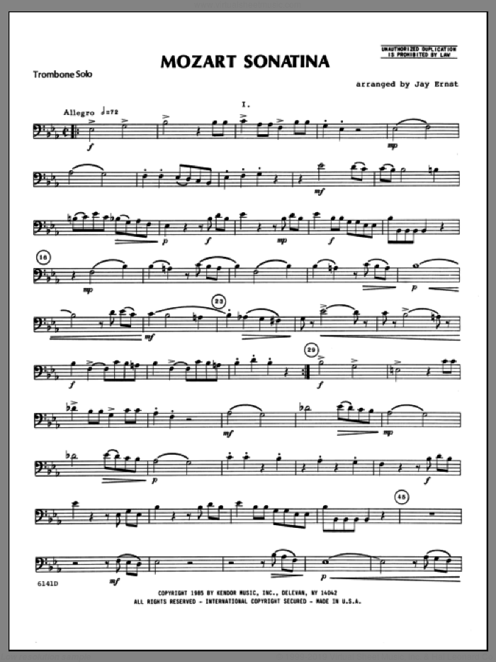 Mozart Sonatina (complete set of parts) sheet music for trombone and piano by Wolfgang Amadeus Mozart and Ernst, Heinrich Wilhelm, classical score, intermediate skill level