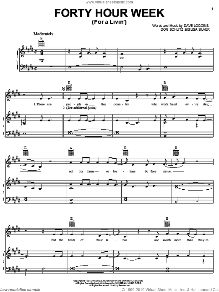Forty Hour Week (For A Livin') sheet music for voice, piano or guitar by Alabama, Dave Loggins, Don Schlitz and Lisa Silver, intermediate skill level
