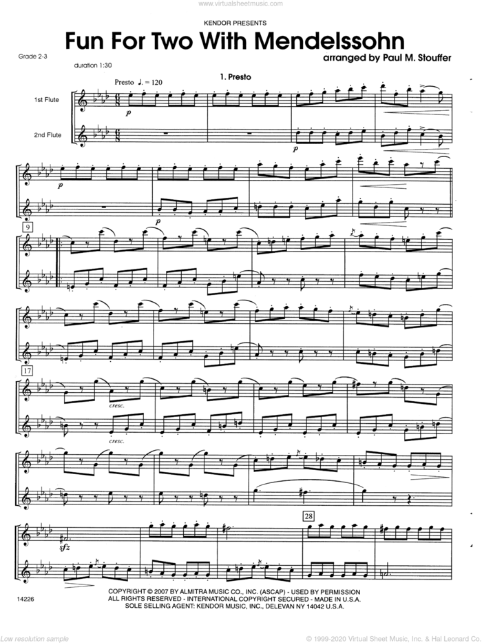 Fun For Two With Mendelssohn sheet music for two flutes by Felix Mendelssohn-Bartholdy and Stouffer, classical score, intermediate duet