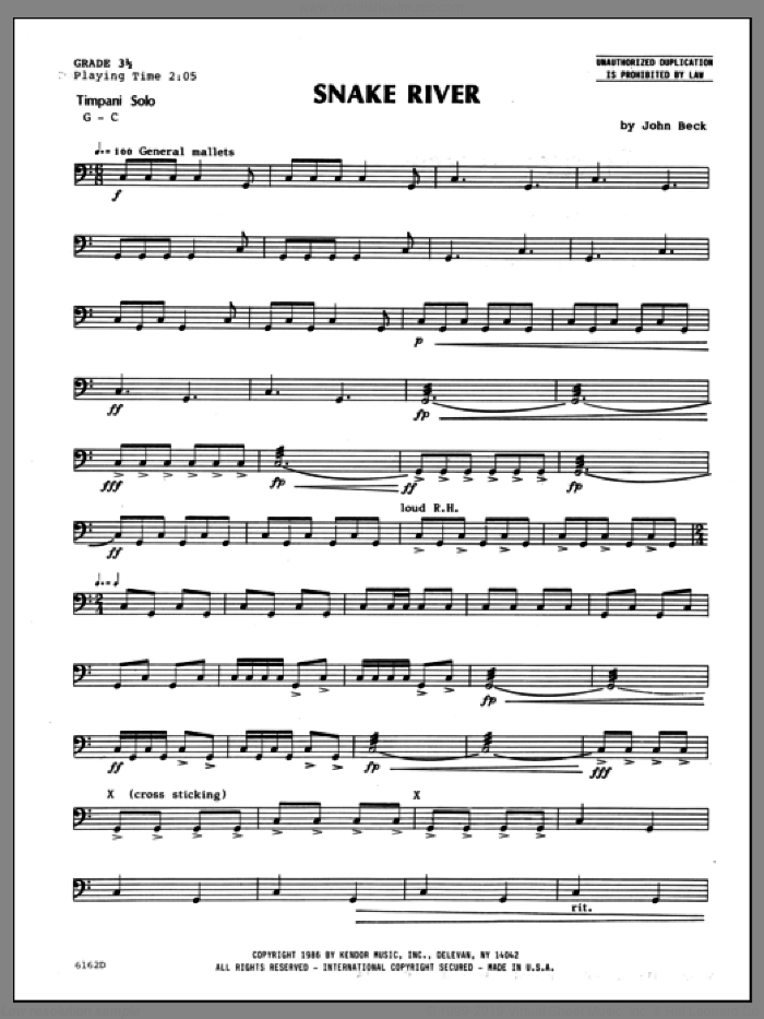 Snake River sheet music for percussions by Beck Hansen, classical score, intermediate skill level